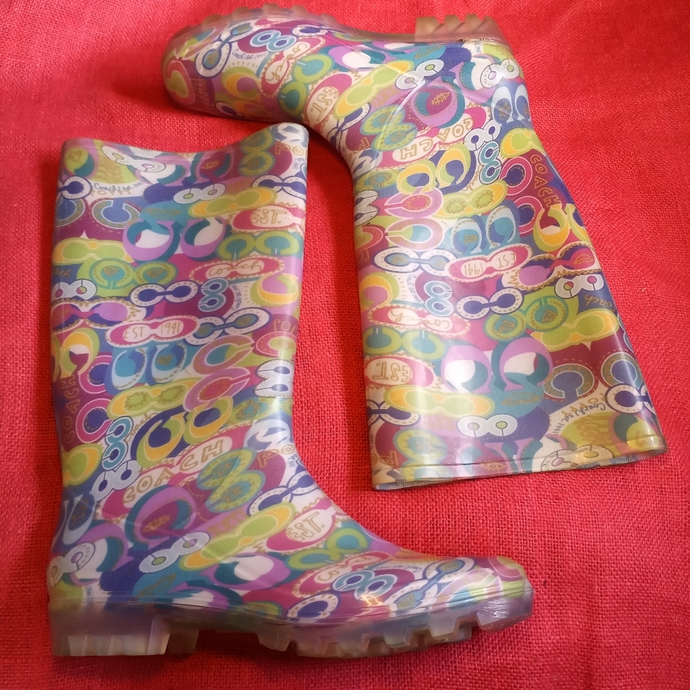 Coach Women's 10 Multicolor Poppy Rain Pullon Rubber Boots EUC